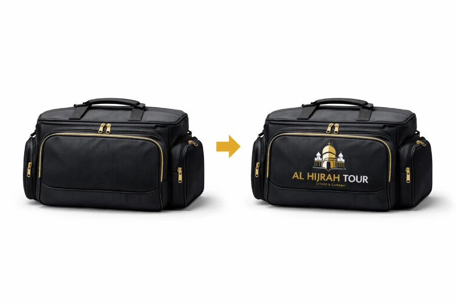 before after kustomisasi tas umroh custom bordir sablon logo travel