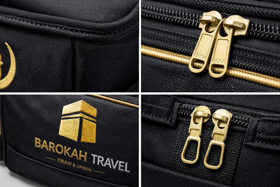 close-up detail kualitas jahitan tas umroh custom Tangerang Selatan