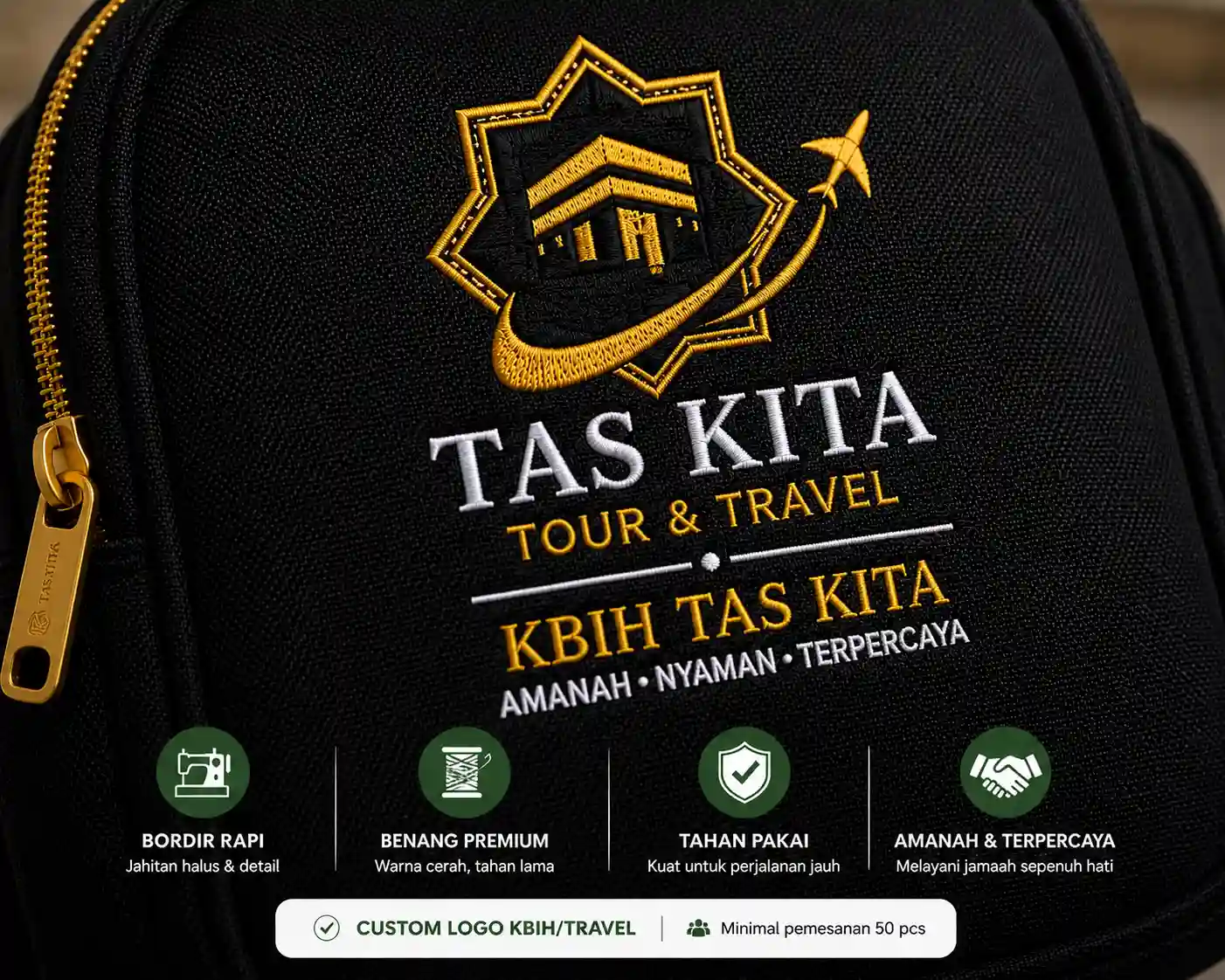 bordir logo KBIH pada tas haji custom