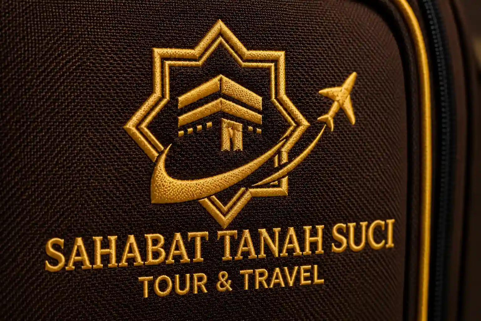 detail bordir logo travel pada tas umroh