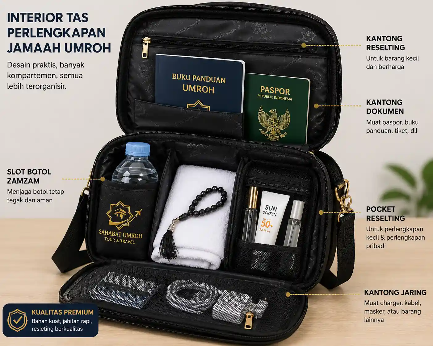interior kompartemen tas perlengkapan jamaah umroh custom