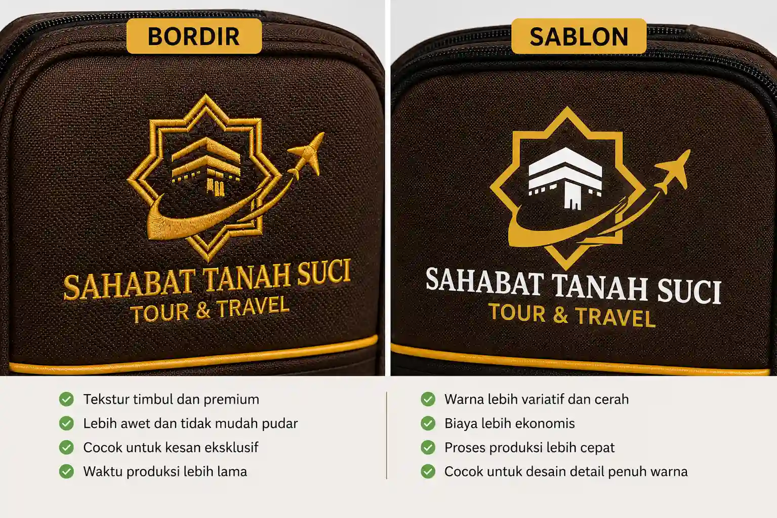 perbandingan bordir dan sablon pada tas umroh custom
