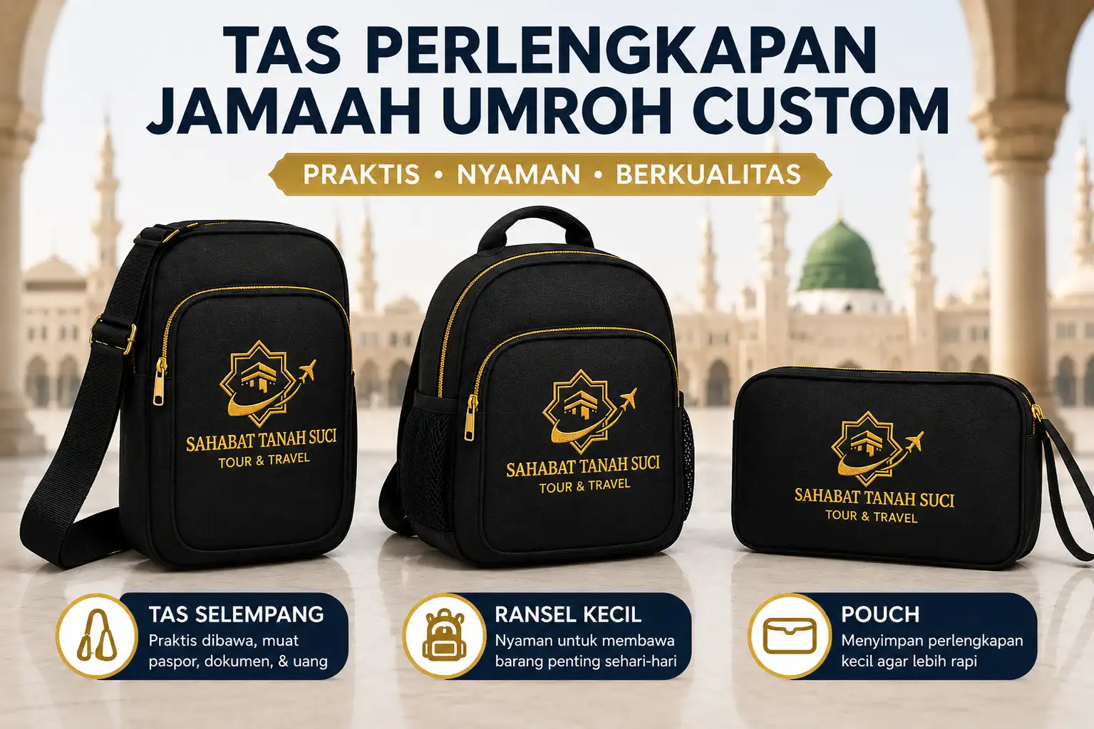 tas perlengkapan jamaah umroh custom jenis selempang ransel pouch